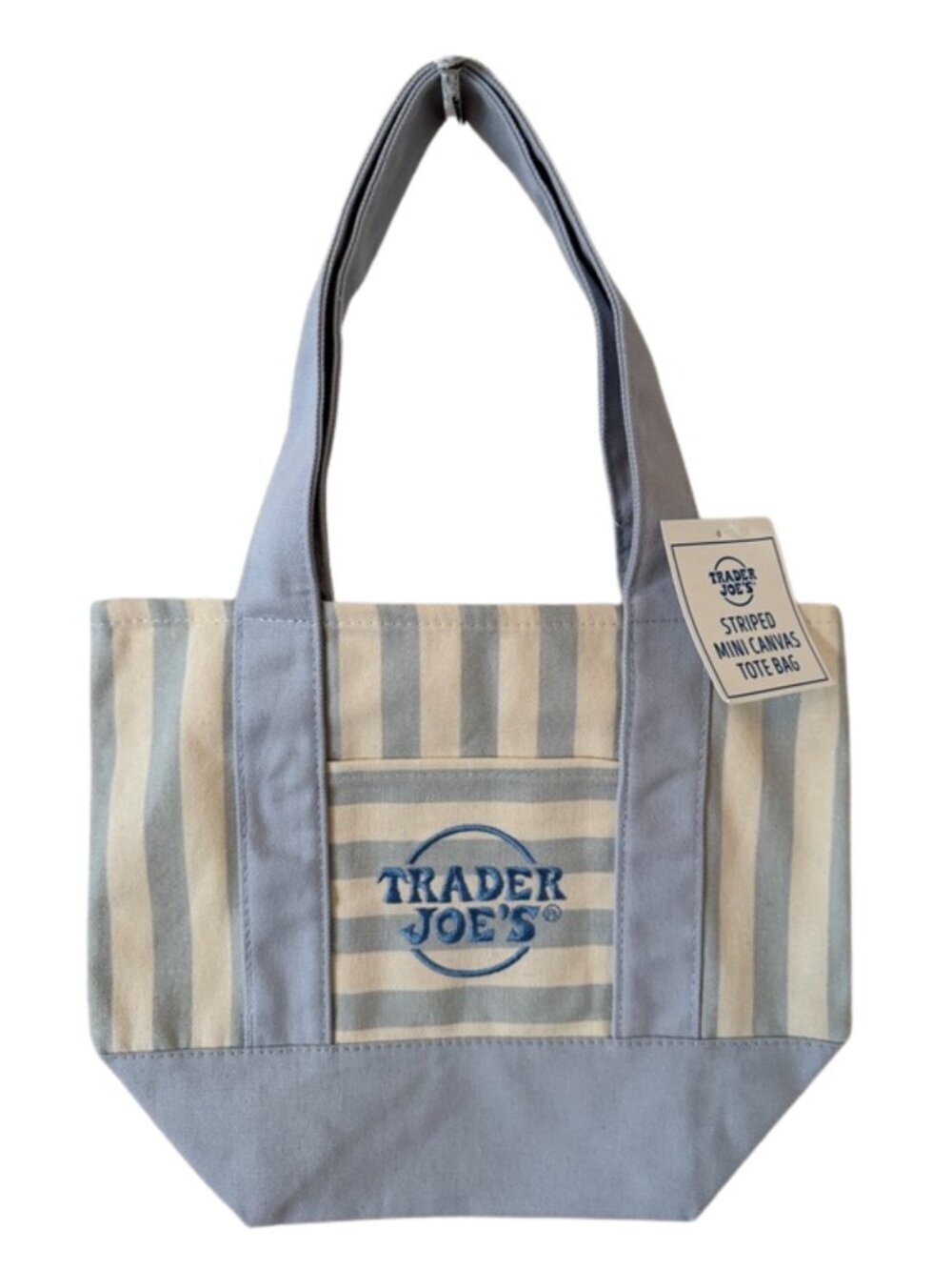 🛍️✨ NWT Mini Trader Joe's Canvas Tote Bag – Blue & Beige Stripes 🔥NEW RELEASE
